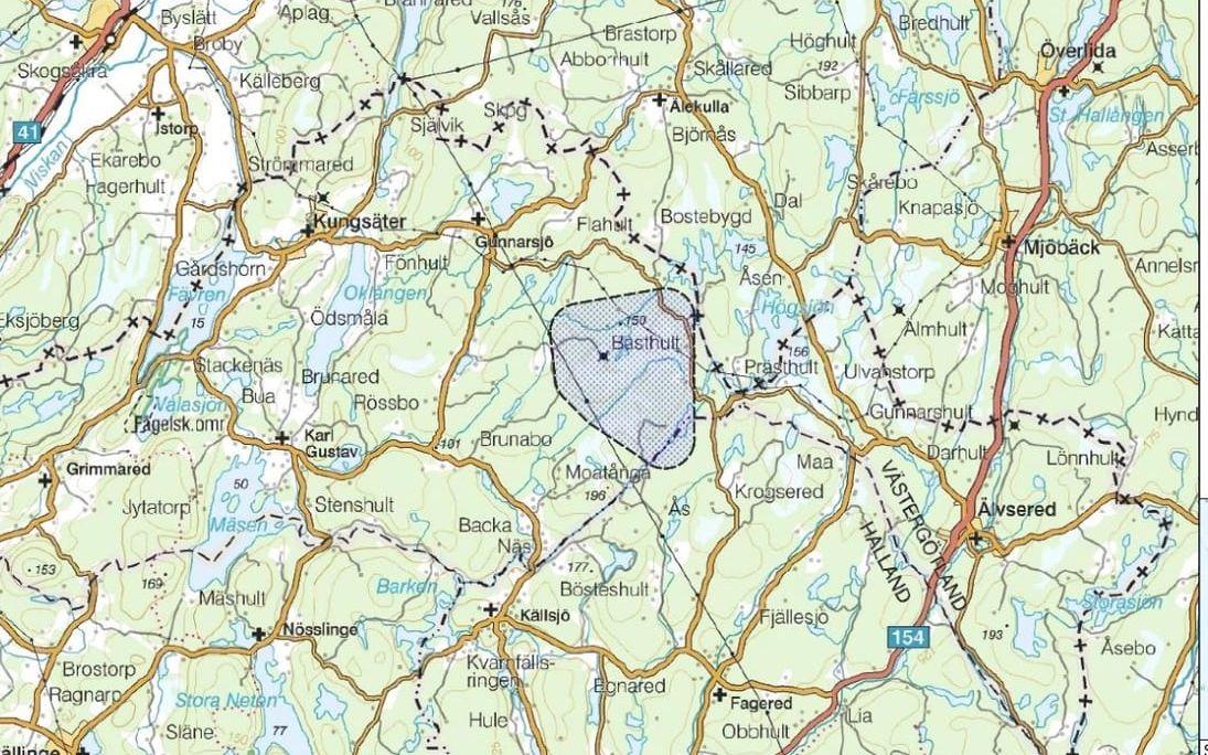 Vindkraftparken som är markerad i mitten ligger precis vid kommungränsen.