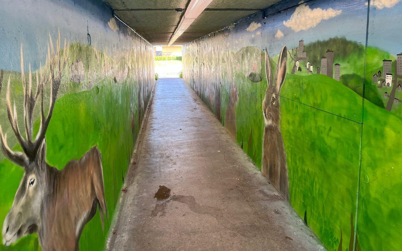 Under våren fick gångtunneln vid Kinna resecentrum en ny konstnärlig utsmyckning.